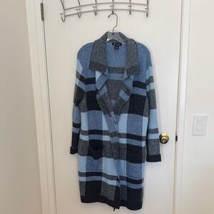 Women's Open-Front Plaid Long Cardigan Sweater - Blue & Gray